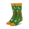 Crew socks in green with a playful baseball theme.  Features colorful illustrations of baseball players batting, pitching and catching.