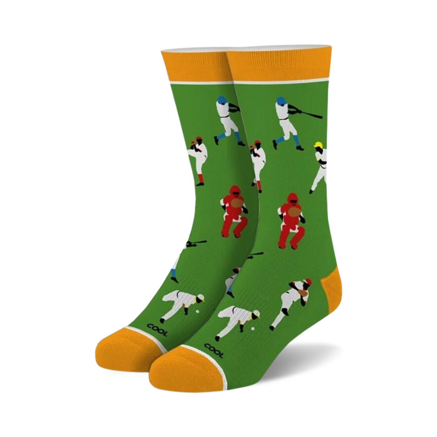 Crew socks in green with a playful baseball theme.  Features colorful illustrations of baseball players batting, pitching and catching.