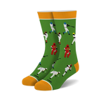 Crew socks in green with a playful baseball theme.  Features colorful illustrations of baseball players batting, pitching and catching.