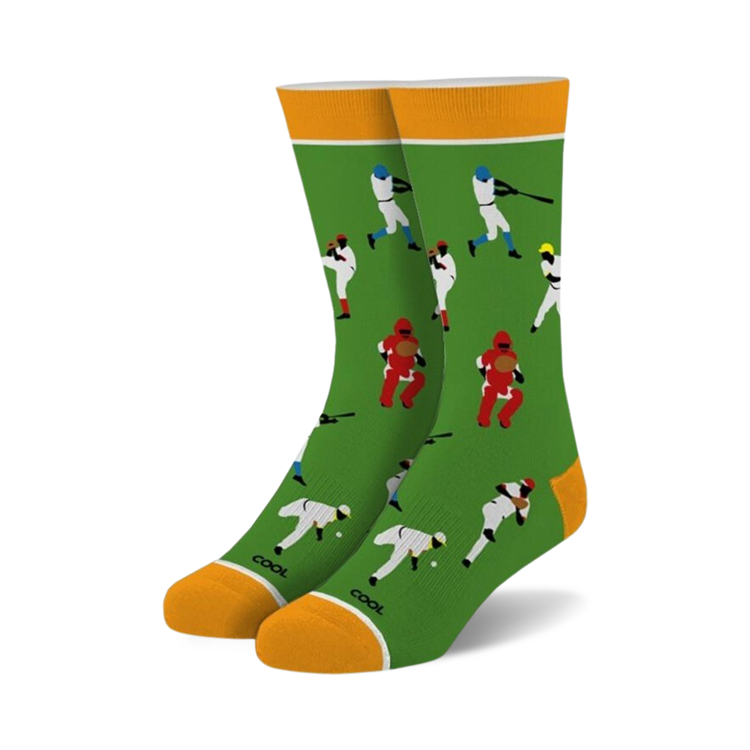 Crew socks in green with a playful baseball theme.  Features colorful illustrations of baseball players batting, pitching and catching.