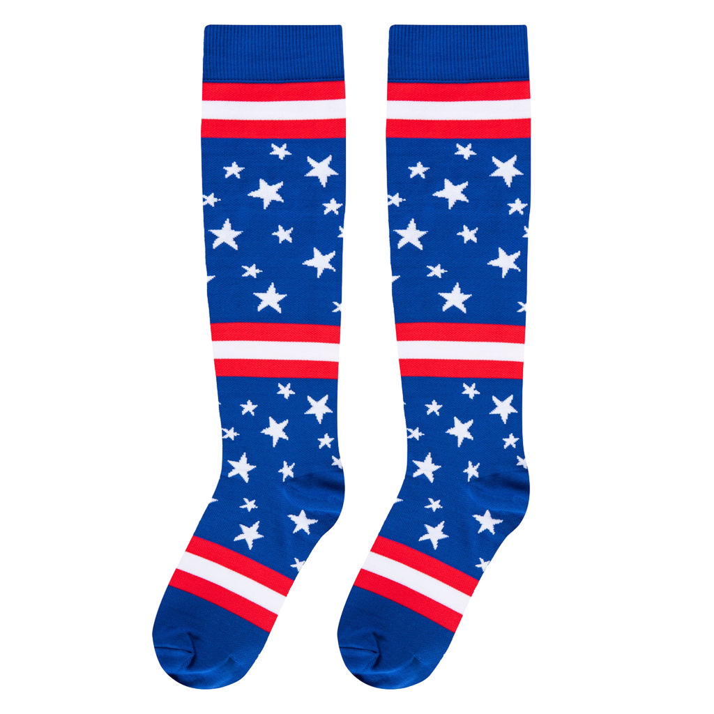 Flat front-facing view of two knee-high socks featuring a blue base, white stars, and red and white horizontal bands.