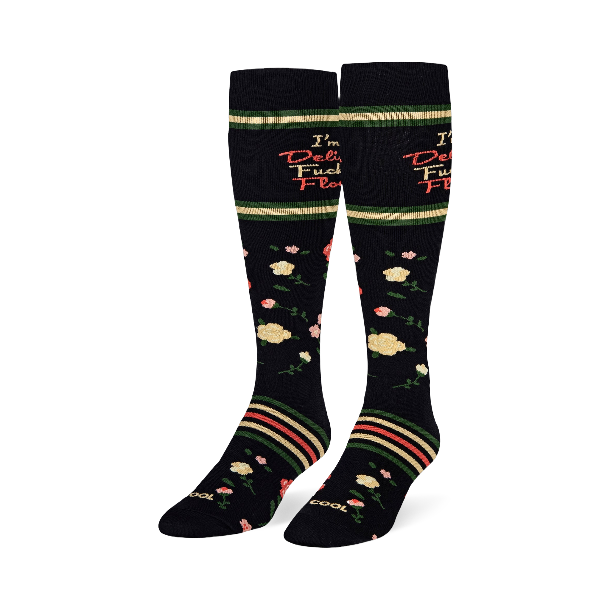 Angled studio shot of black knee-high socks displaying yellow and pink roses with retro striped bands around the calves.