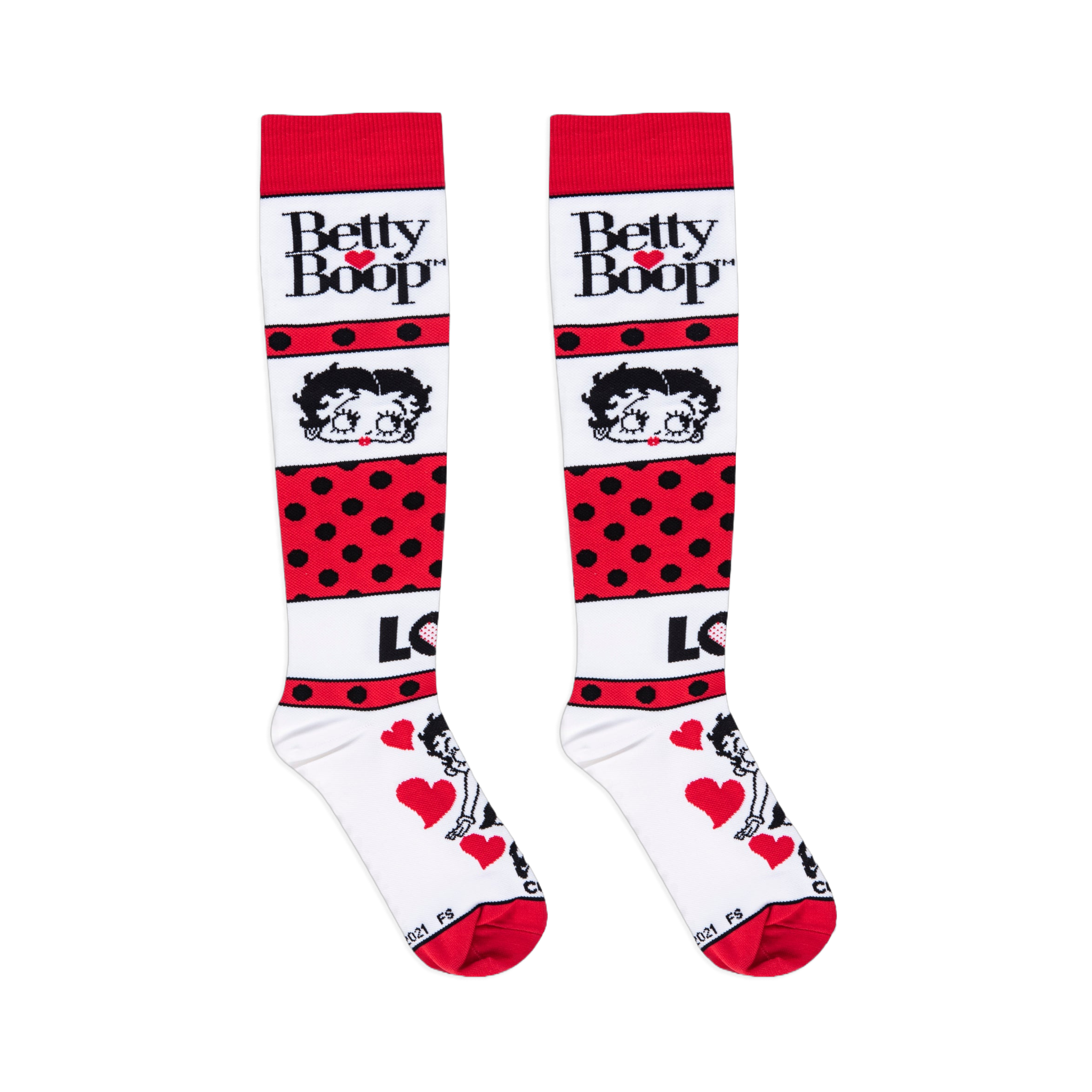 Flat lay view of Betty Boop socks focusing on the upper section with her trademarked logo and cute classic face.