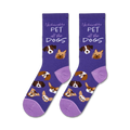 Pair of 'Pet All The Dogs' socks laid flat, showcasing the full design and purple color.