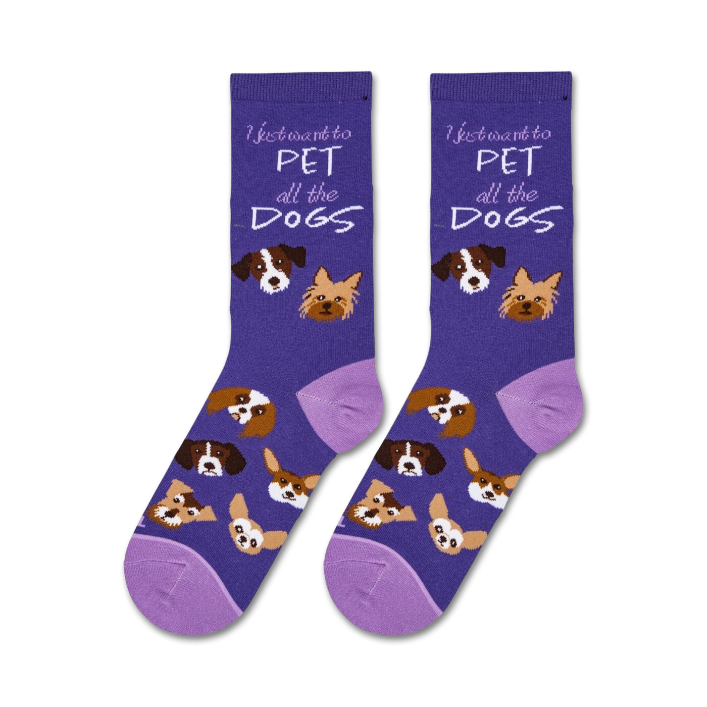 Pair of 'Pet All The Dogs' socks laid flat, showcasing the full design and purple color.