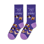 Pair of 'Pet All The Dogs' socks laid flat, showcasing the full design and purple color.