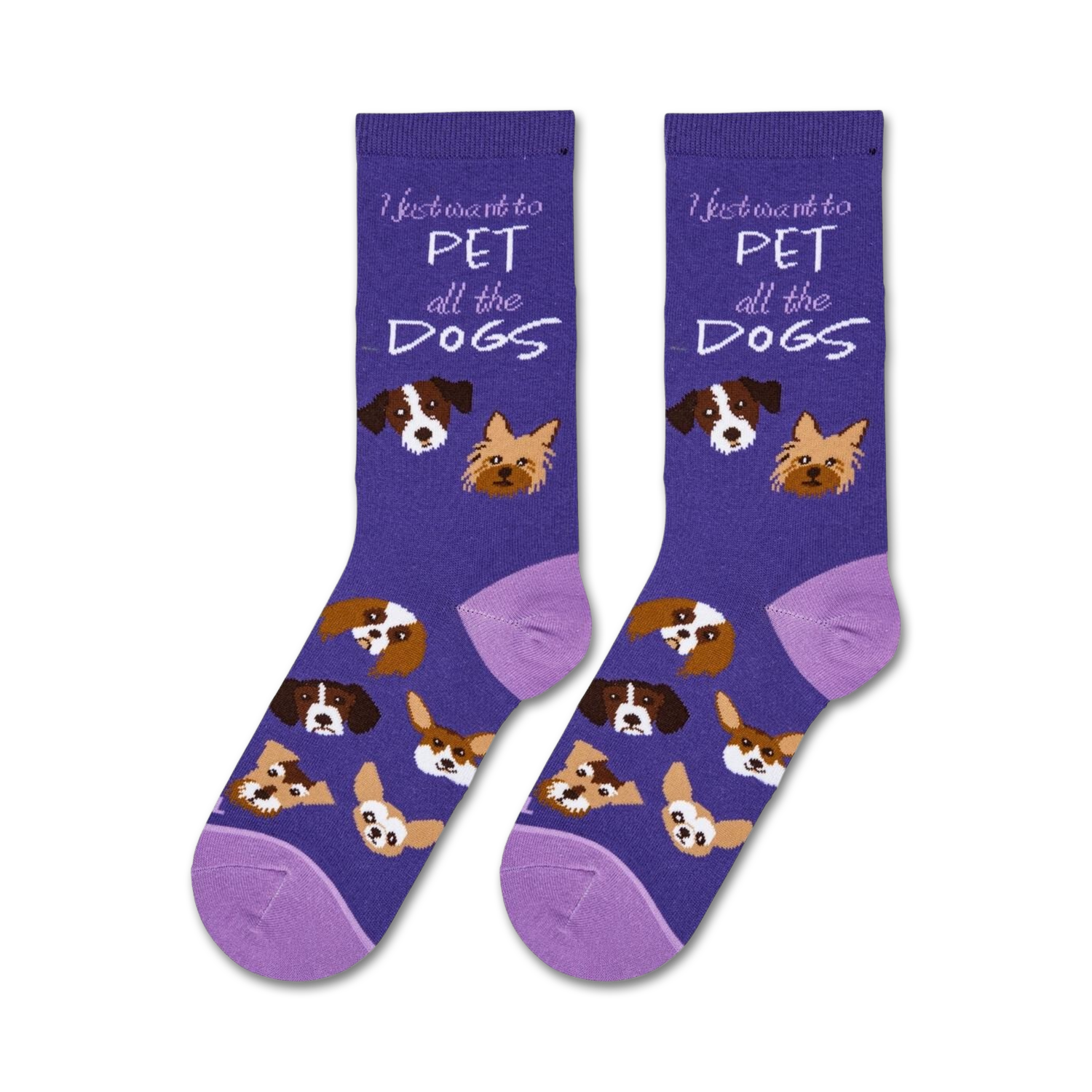 Pair of 'Pet All The Dogs' socks laid flat, showcasing the full design and purple color.
