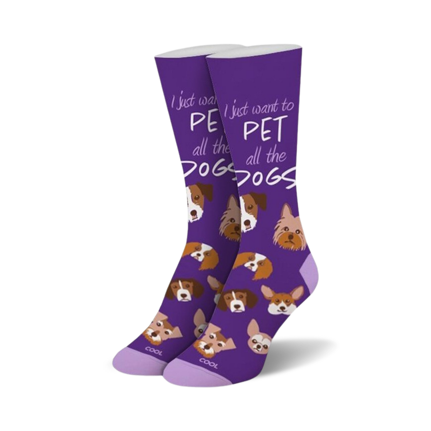 Purple crew socks with a repeating pattern of cute dog faces and the phrase 'I just want to pet all the dogs'.
