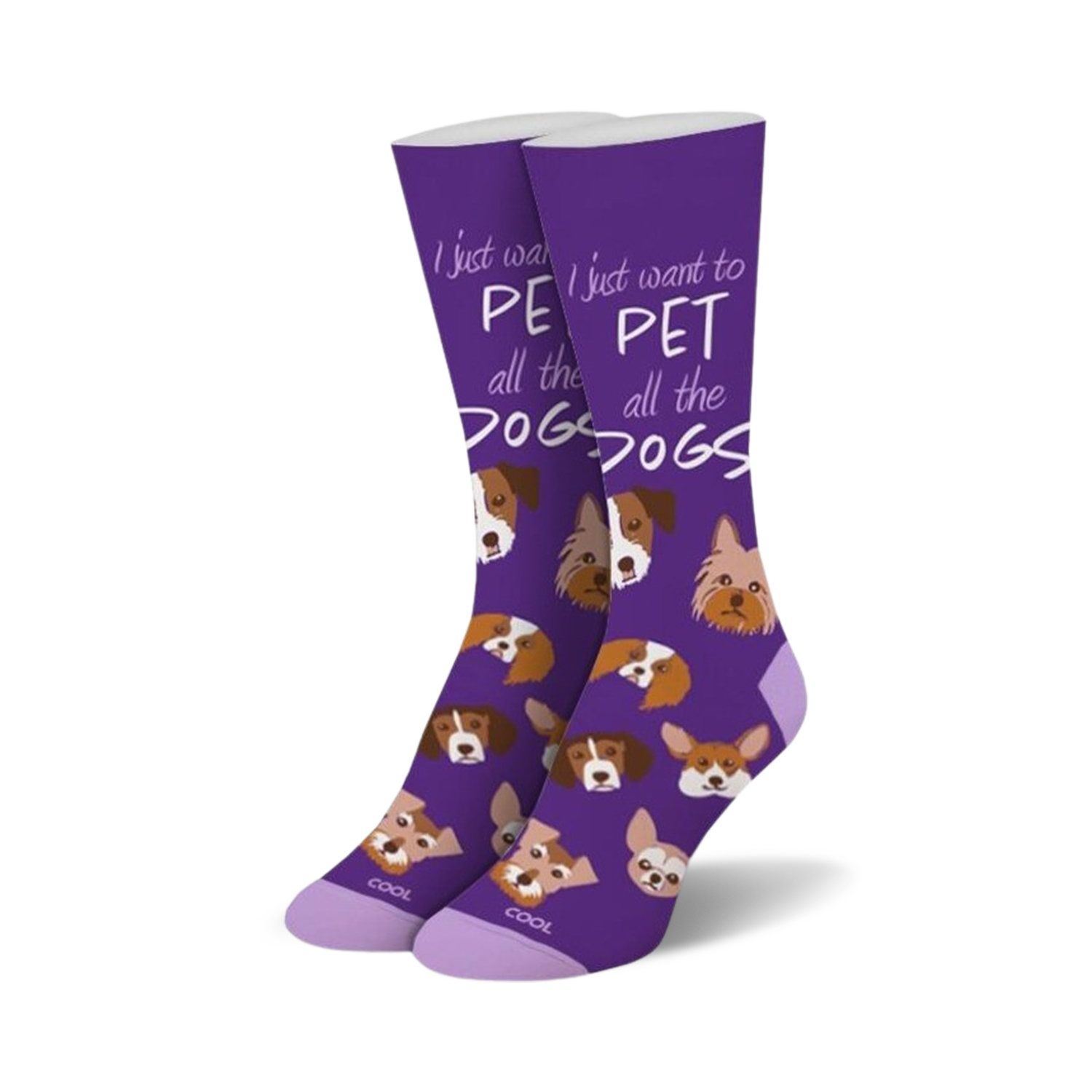 Purple crew socks with a repeating pattern of cute dog faces and the phrase 'I just want to pet all the dogs'.