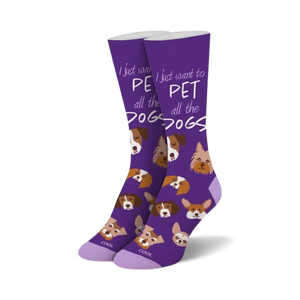 purple crew socks with 'i just want to pet all the dogs' text and cartoon dog pattern. women's sizes.  