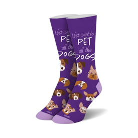 purple crew socks with 'i just want to pet all the dogs' text and cartoon dog pattern. women's sizes.  