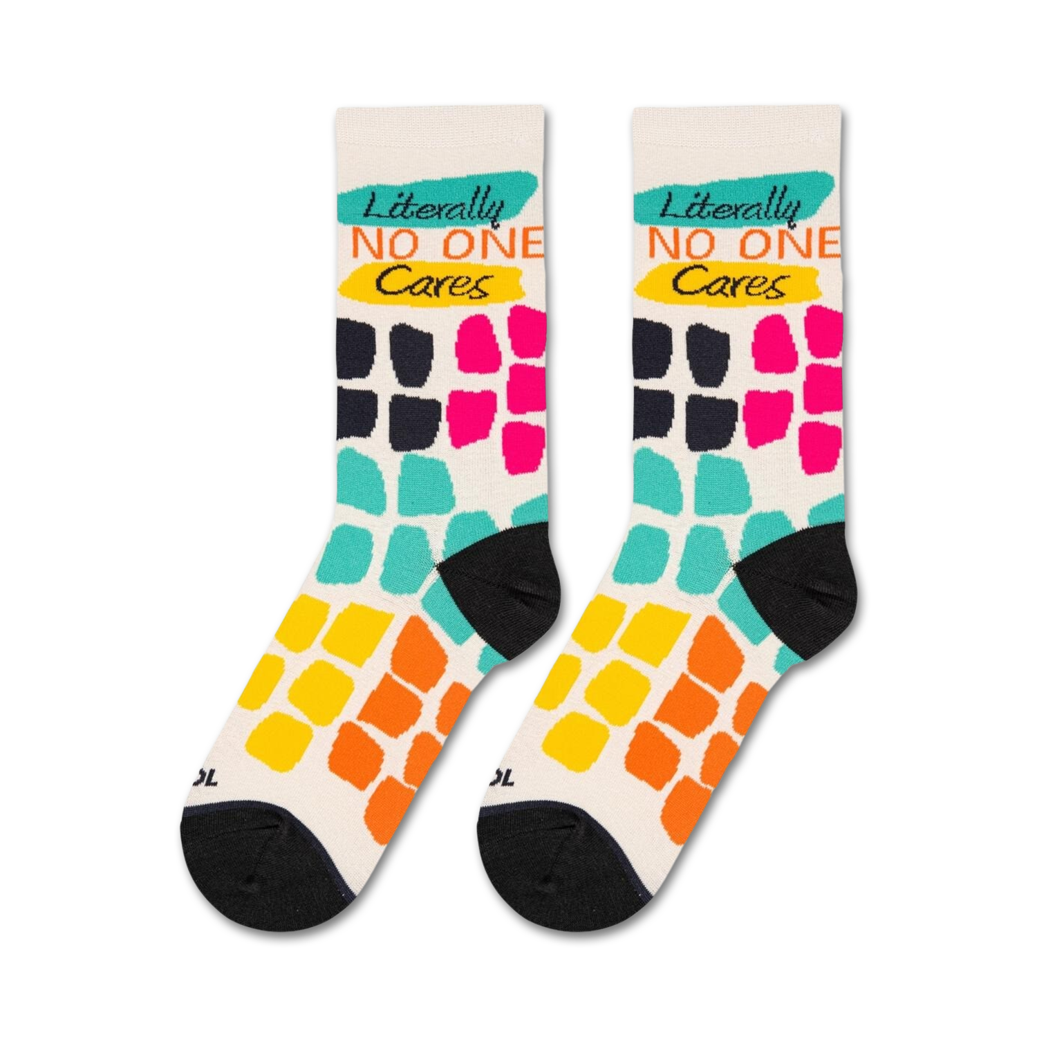Flatlay product shot of two 'Literally No One Cares' socks.