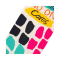 Close-up detail shot showing the colorful block pattern and text on the socks.