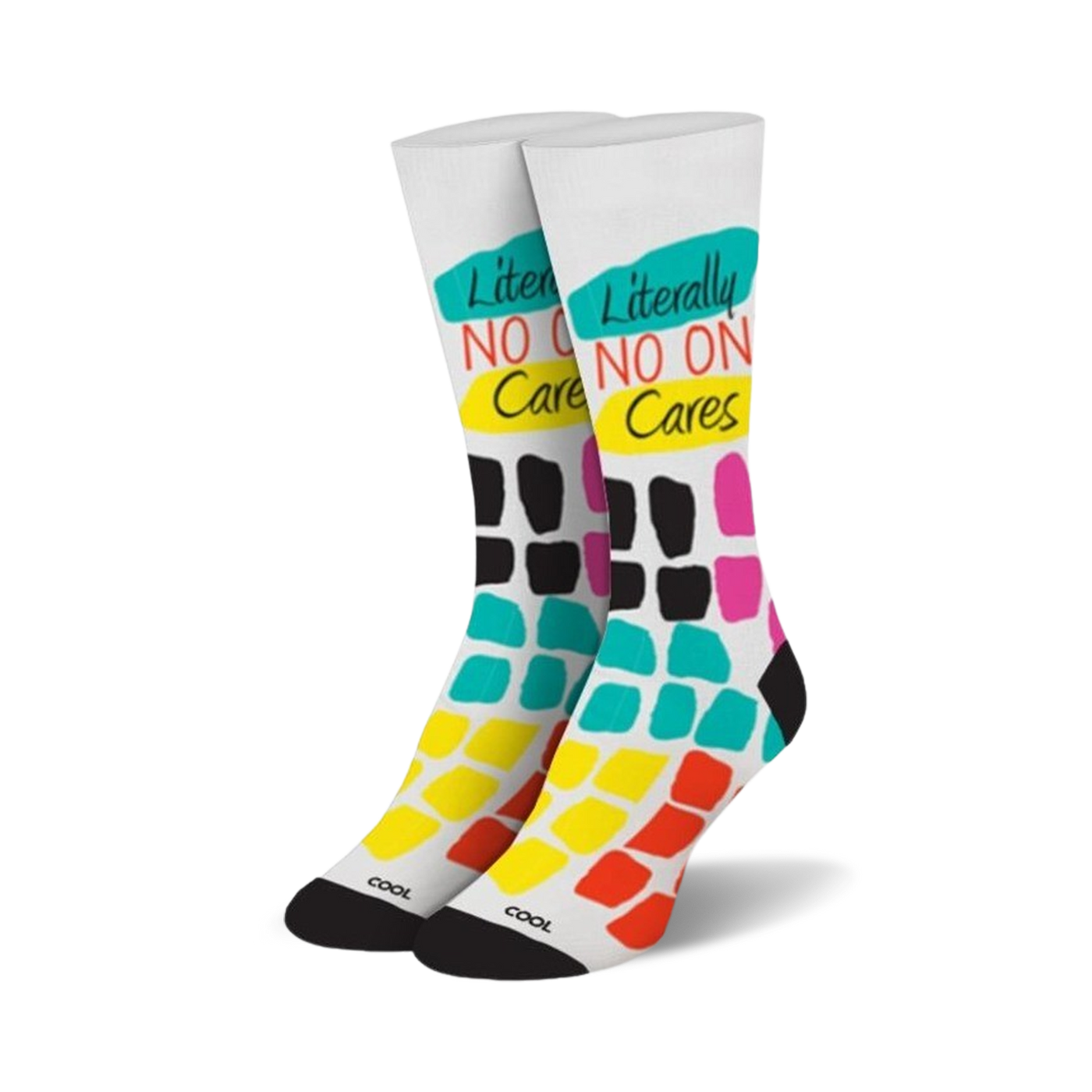 Pair of crew socks. White background with 'Literally No One Cares' text and colorful abstract blocks in teal, pink, orange, and black.