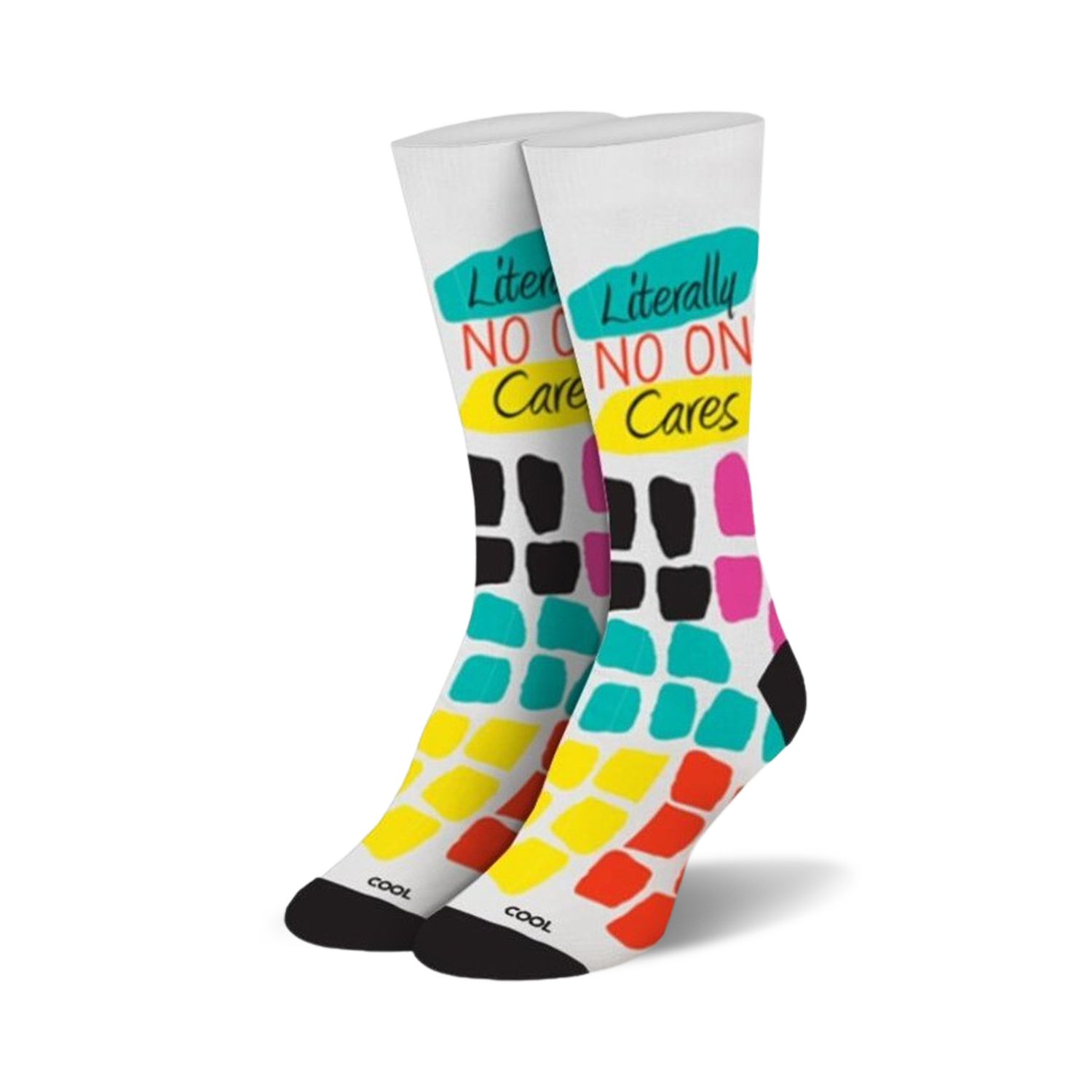 Pair of crew socks. White background with 'Literally No One Cares' text and colorful abstract blocks in teal, pink, orange, and black.
