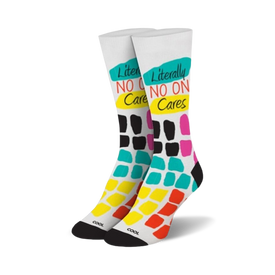  white socks with black text "literally no one cares" and black heels/toes. multi-colored squares pattern on feet.   