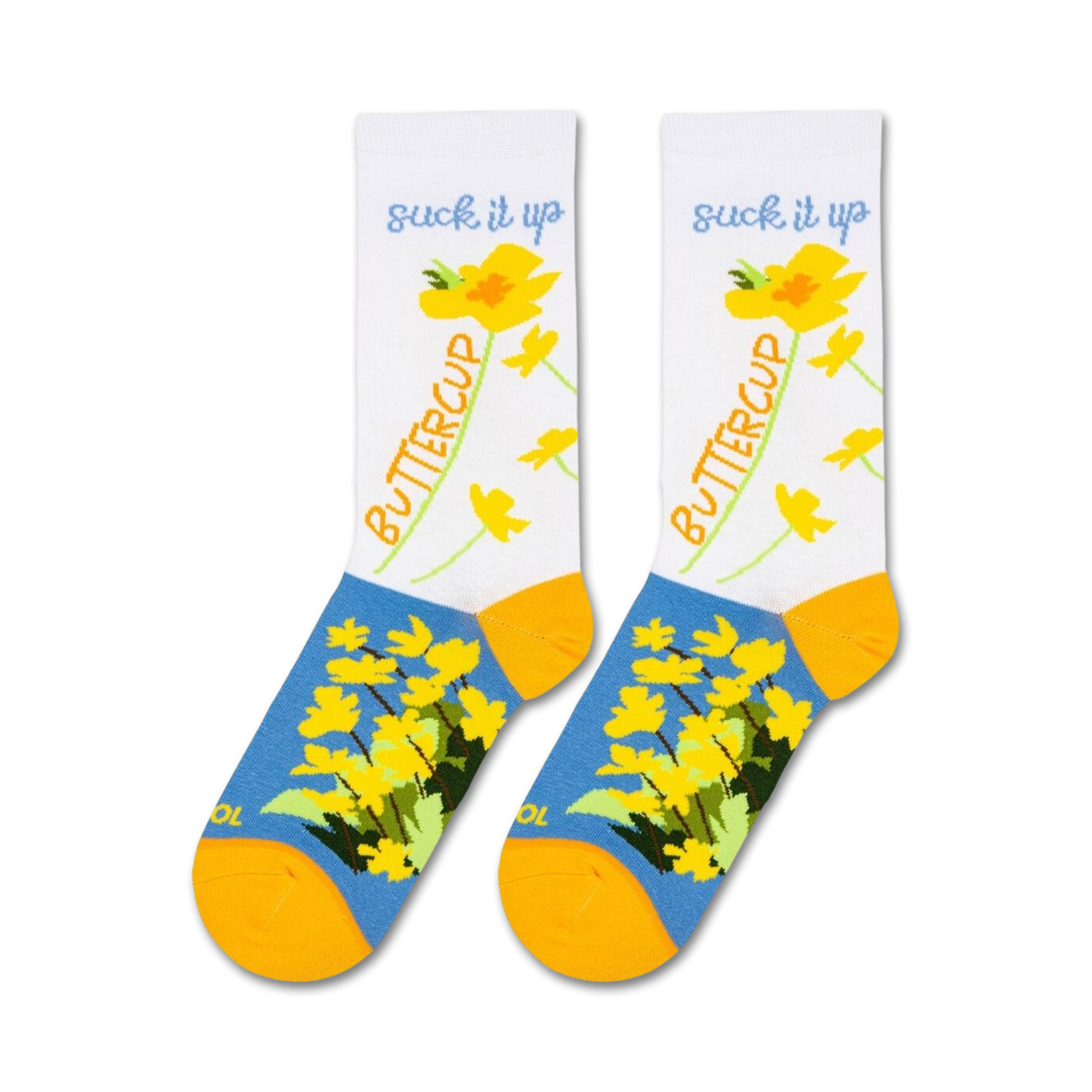 Flat lay showcasing a pair of 'Suck It Up, Buttercup' socks.