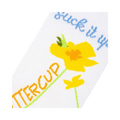 Close-up detail shot of the yellow flower and text design on the sock.