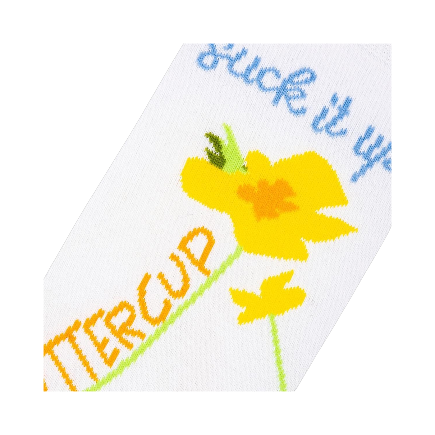 Close-up detail shot of the yellow flower and text design on the sock.