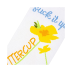 Close-up detail shot of the yellow flower and text design on the sock.