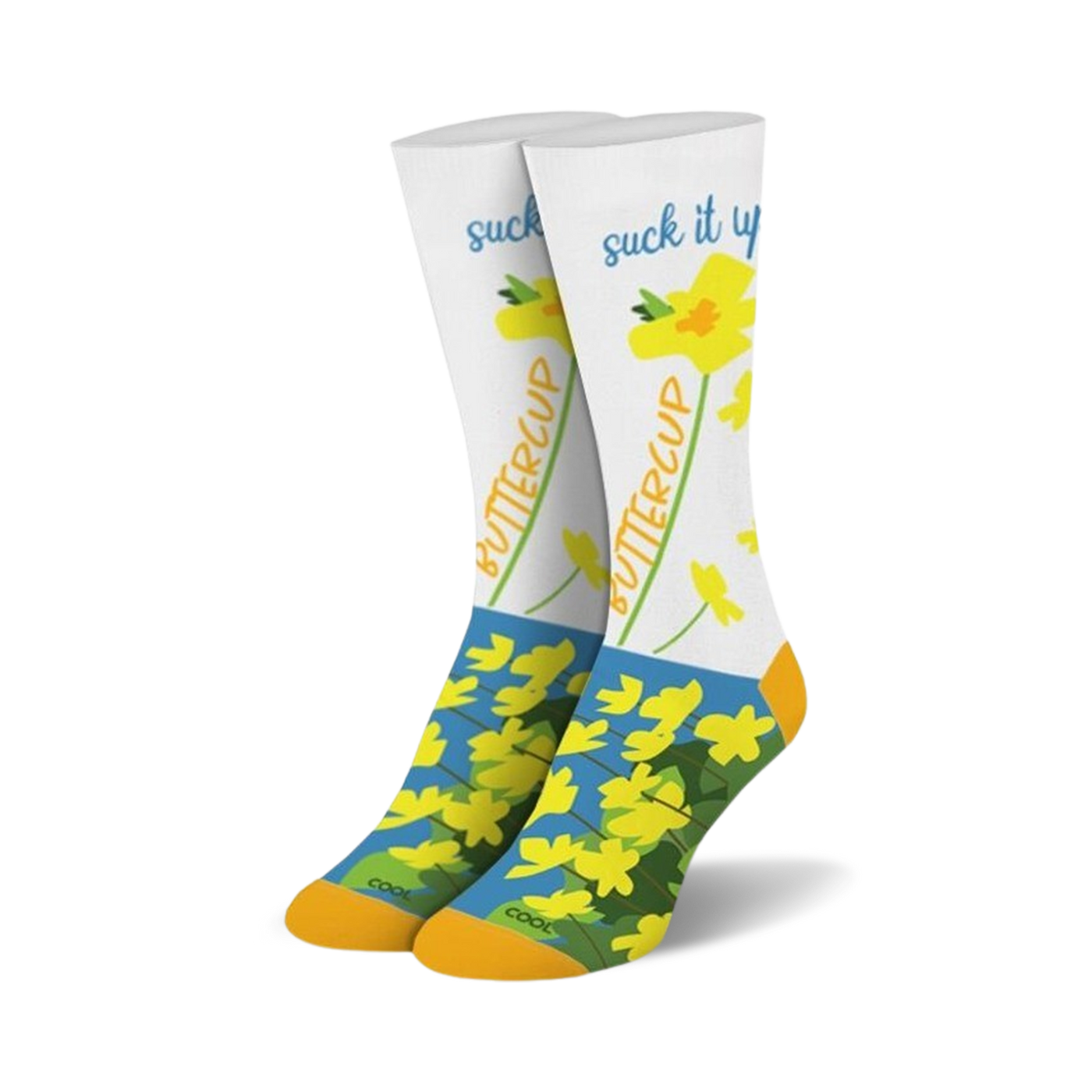 Pair of crew socks; white background with yellow flowers and 'Suck it up Buttercup' text; orange and blue accents at the cuffs.