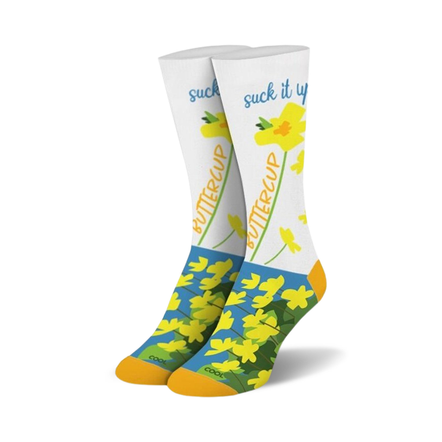 Pair of crew socks; white background with yellow flowers and 'Suck it up Buttercup' text; orange and blue accents at the cuffs.