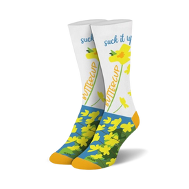 women's crew socks with yellow buttercup flower pattern and "suck it up buttercup" text.   