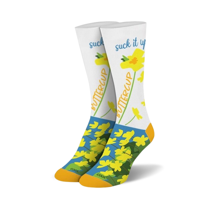 women's crew socks with yellow buttercup flower pattern and 