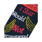 Close-up of the sock's design detail, showing the '1 star' and 'would not recommend' text with yellow shooting stars.