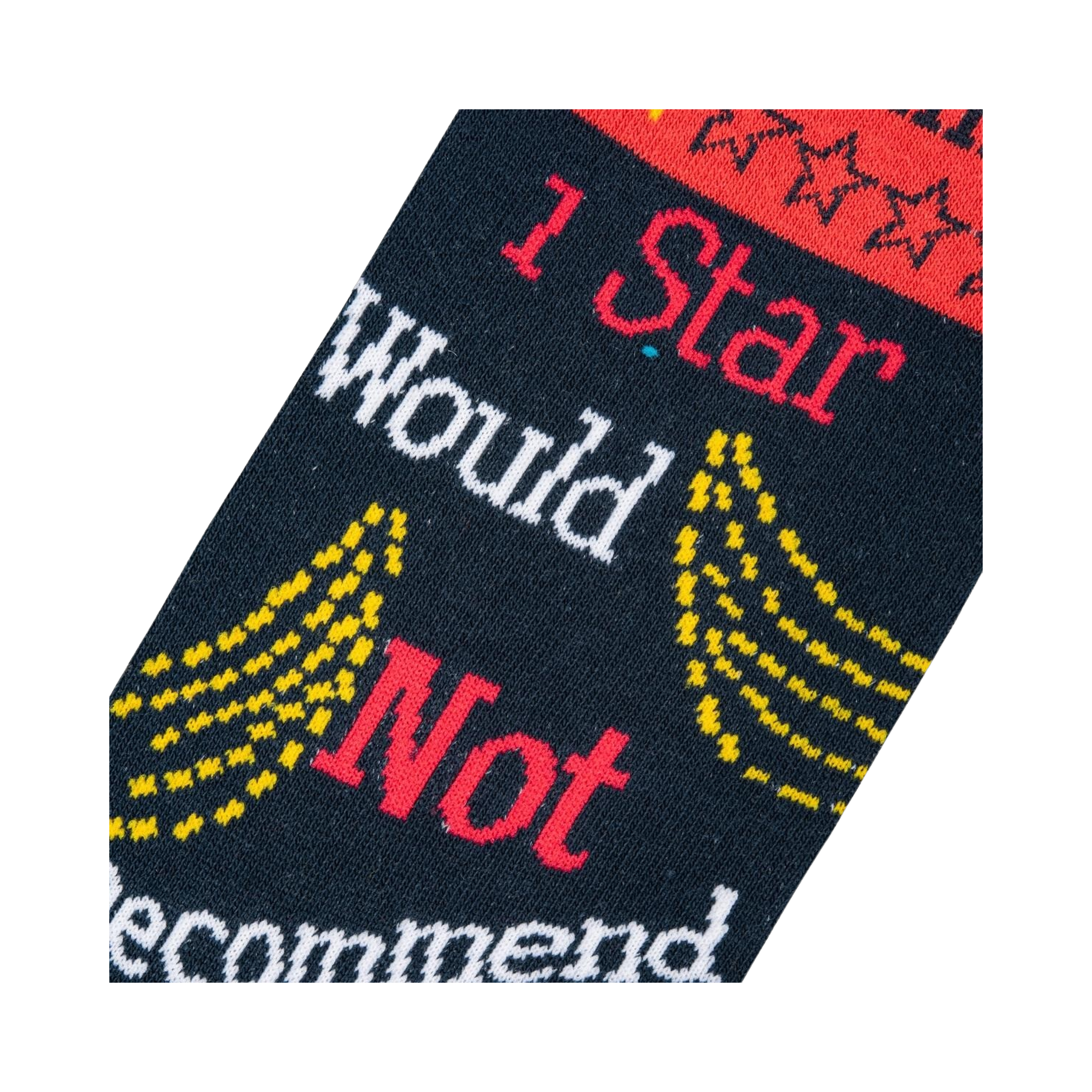 Close-up of the sock's design detail, showing the '1 star' and 'would not recommend' text with yellow shooting stars.