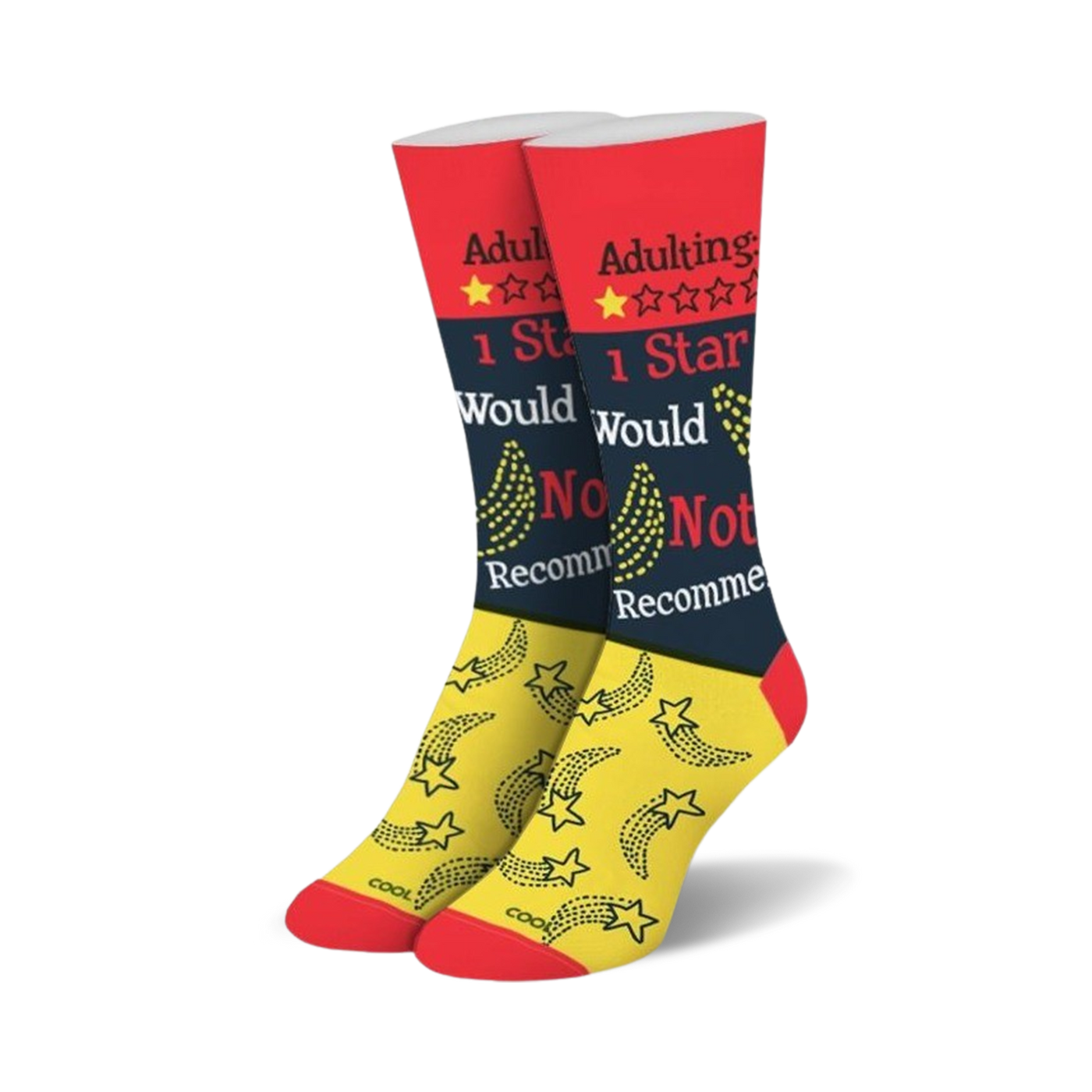 Pair of crew socks in red, black, and yellow.  One sock features a 1-star review graphic and shooting stars.