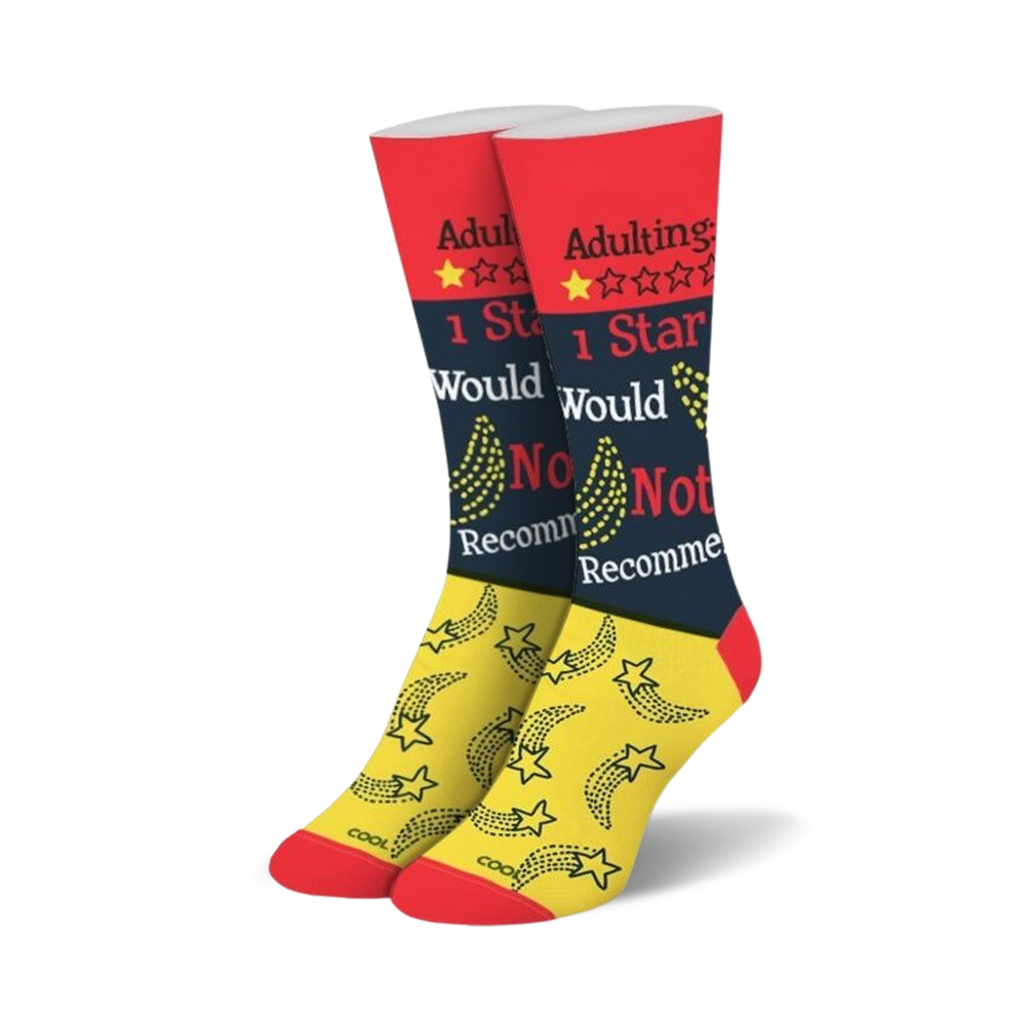 Pair of crew socks in red, black, and yellow.  One sock features a 1-star review graphic and shooting stars.