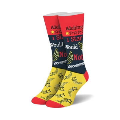 women's red and black crew socks with yellow stars and the text "adulting: 1 star, would not recommend".  