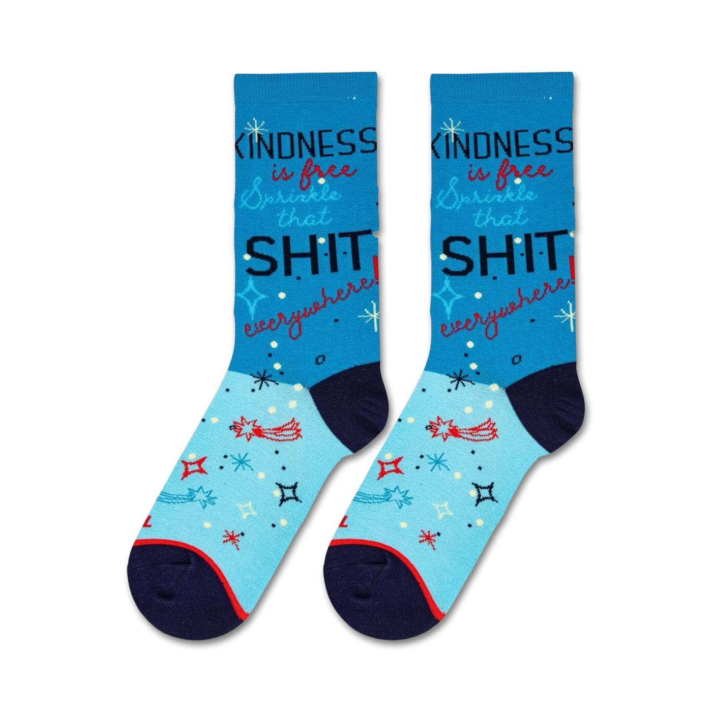 Pair of 'Kindness Is Free' socks on a white background.  Shows the full sock design.