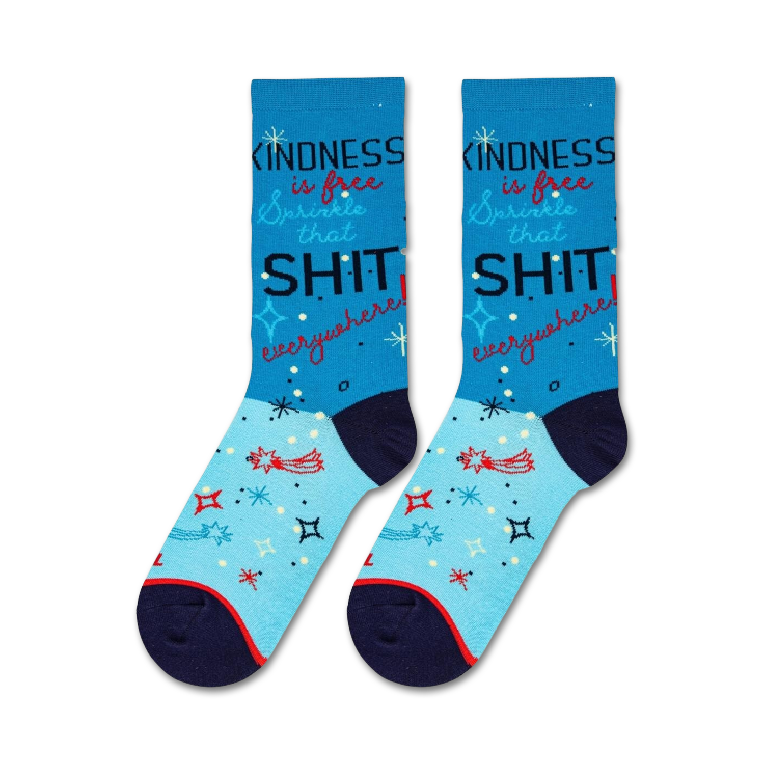 Pair of 'Kindness Is Free' socks on a white background.  Shows the full sock design.