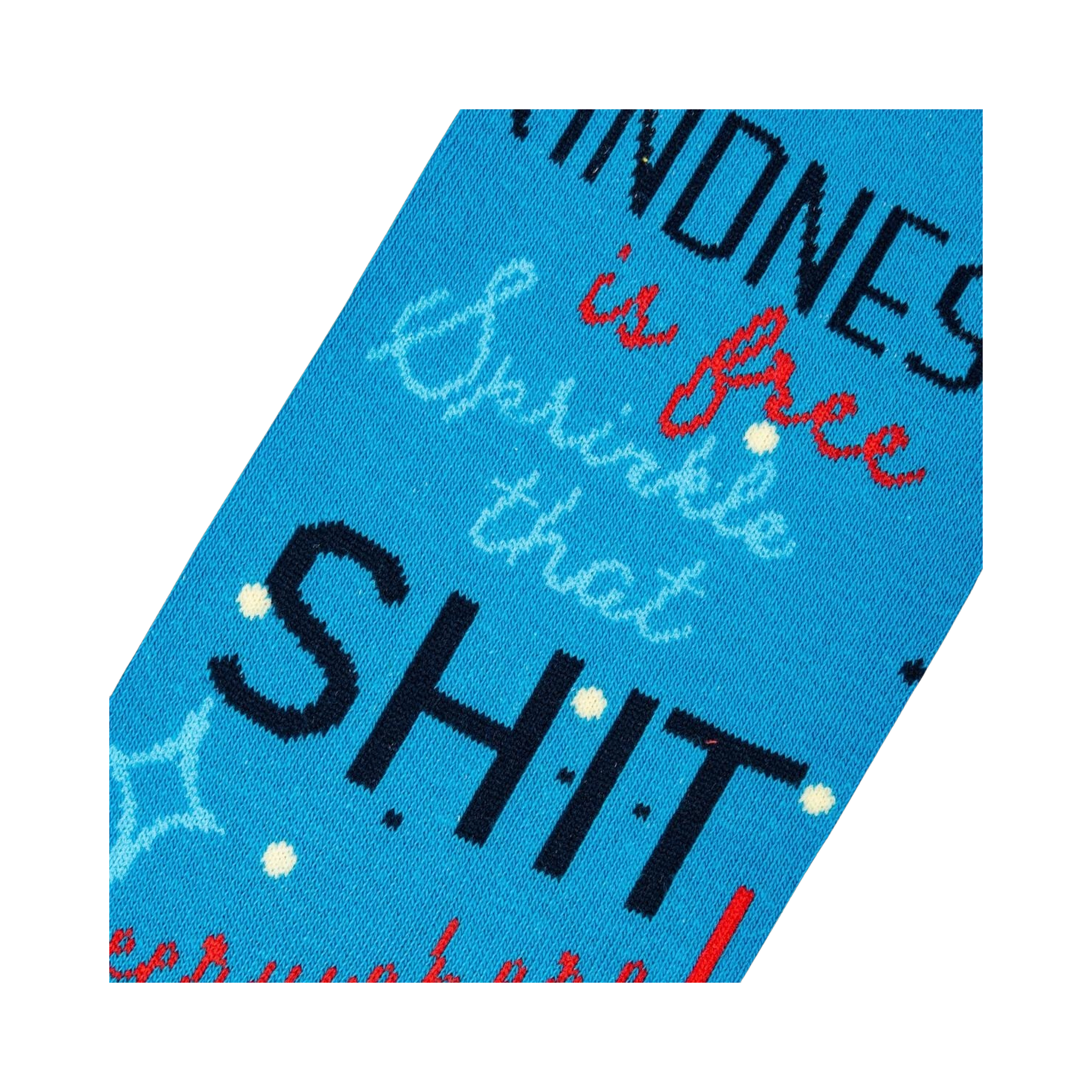 Close-up detail shot of the 'Kindness Is Free' sock design, highlighting the text and star pattern.