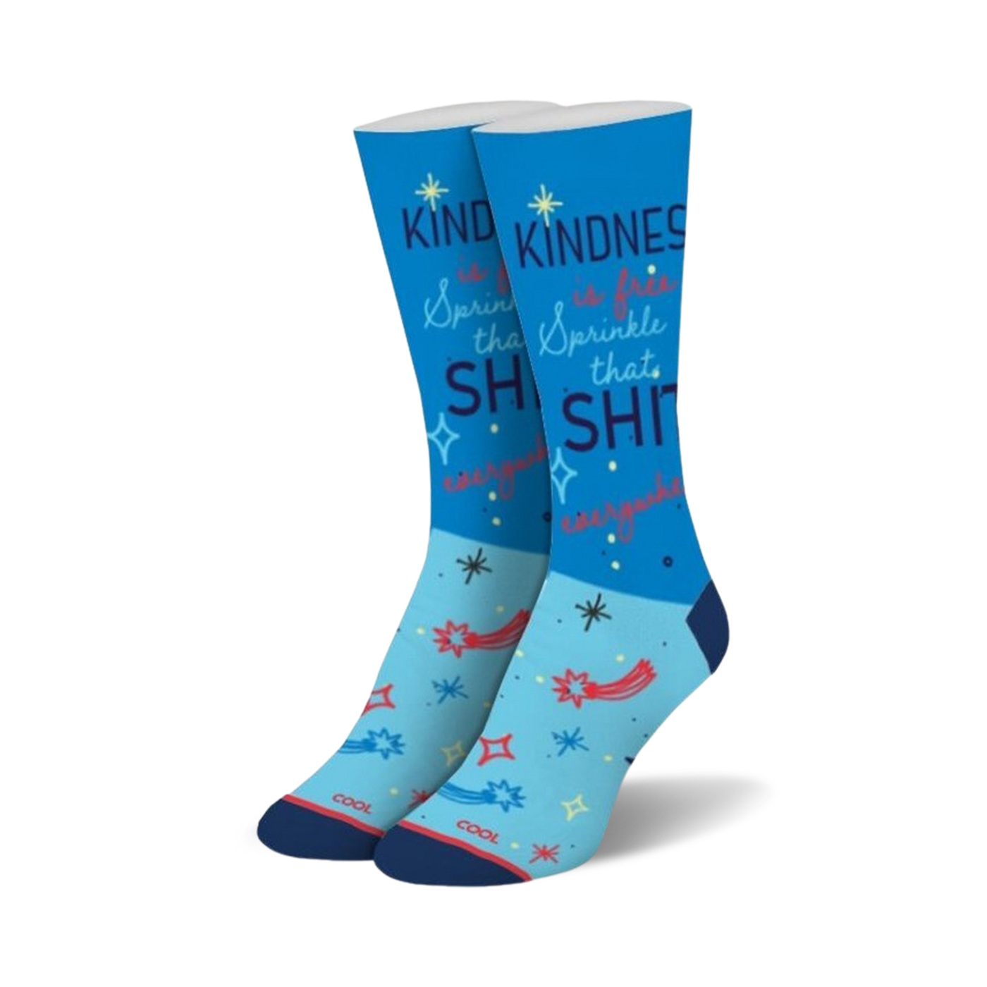 Crew socks in light blue with navy and red accents.  The design includes the phrase 'Kindness is free. Sprinkle that SHIT everywhere!' and shooting stars.