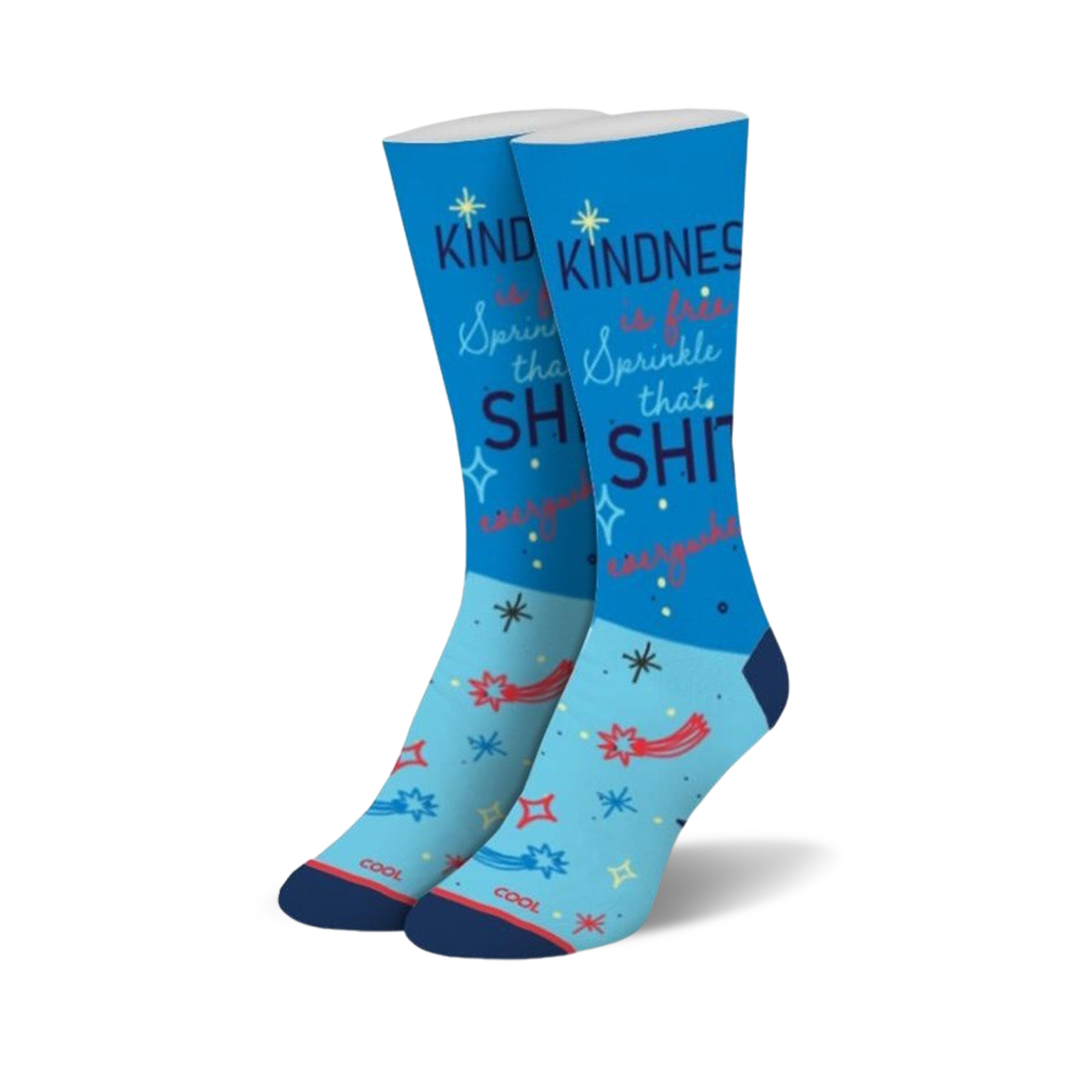 Crew socks in light blue with navy and red accents.  The design includes the phrase 'Kindness is free. Sprinkle that SHIT everywhere!' and shooting stars.