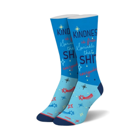blue crew socks featuring red and blue stars and the words "kindness is free...sprinkle that {stuff} everywhere!"  