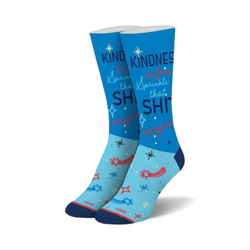 blue crew socks featuring red and blue stars and the words "kindness is free...sprinkle that {stuff} everywhere!"  