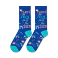 Flatlay showcasing a pair of Carpe Diem crew socks on a white background.