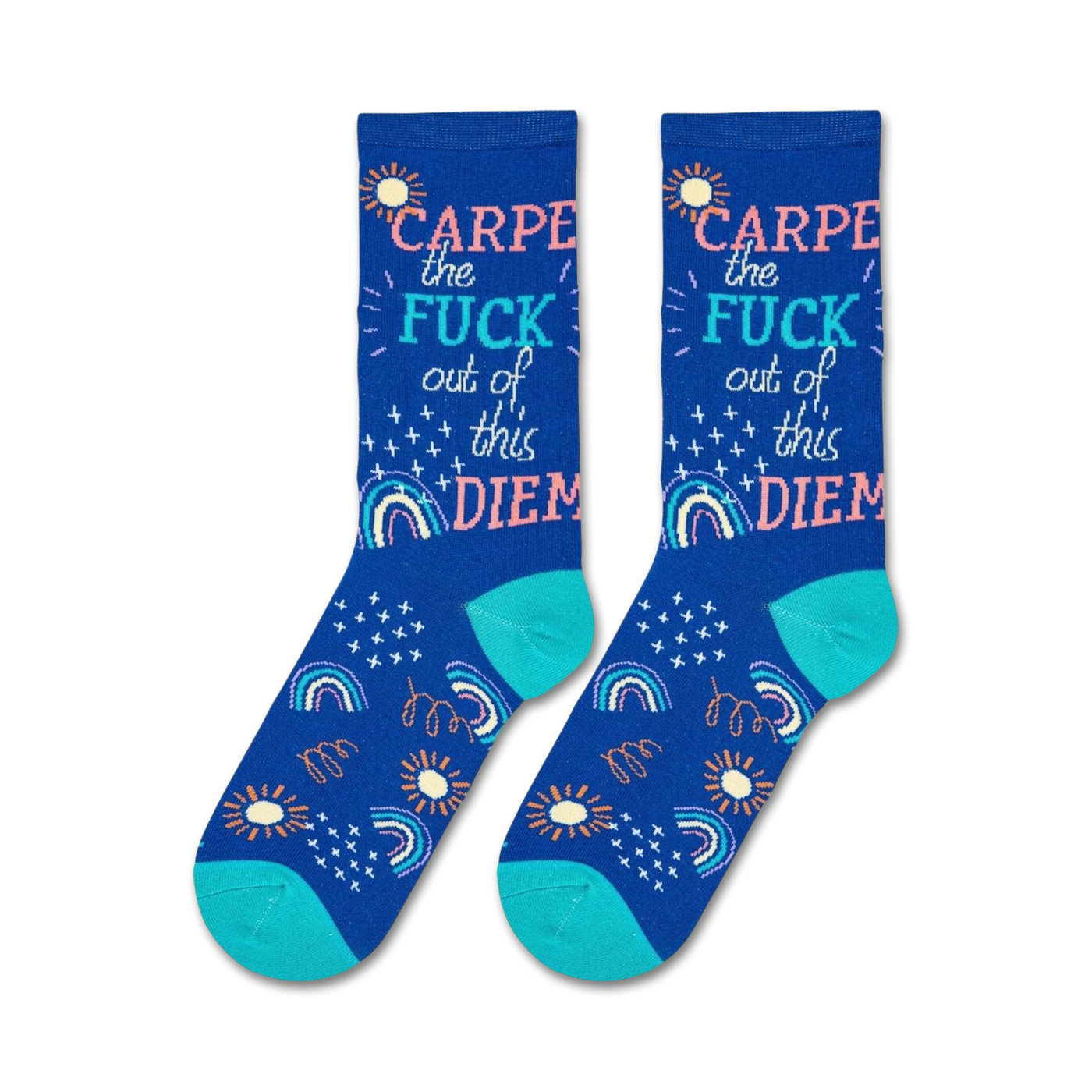 Flatlay showcasing a pair of Carpe Diem crew socks on a white background.