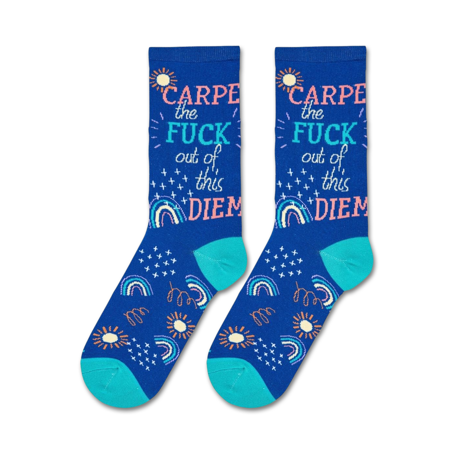 Flatlay showcasing a pair of Carpe Diem crew socks on a white background.