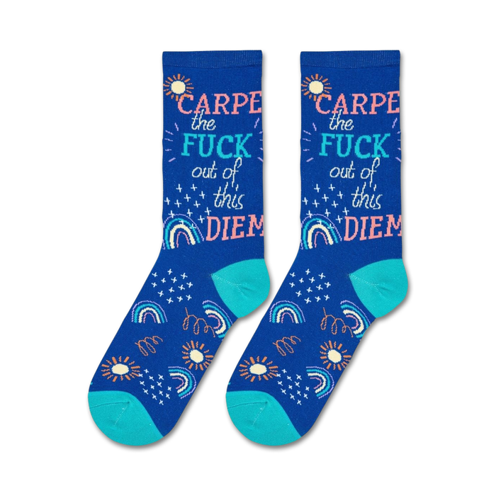 A blue sock with the words 
