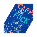 Close-up detail shot highlighting the colorful text and design elements on the socks.