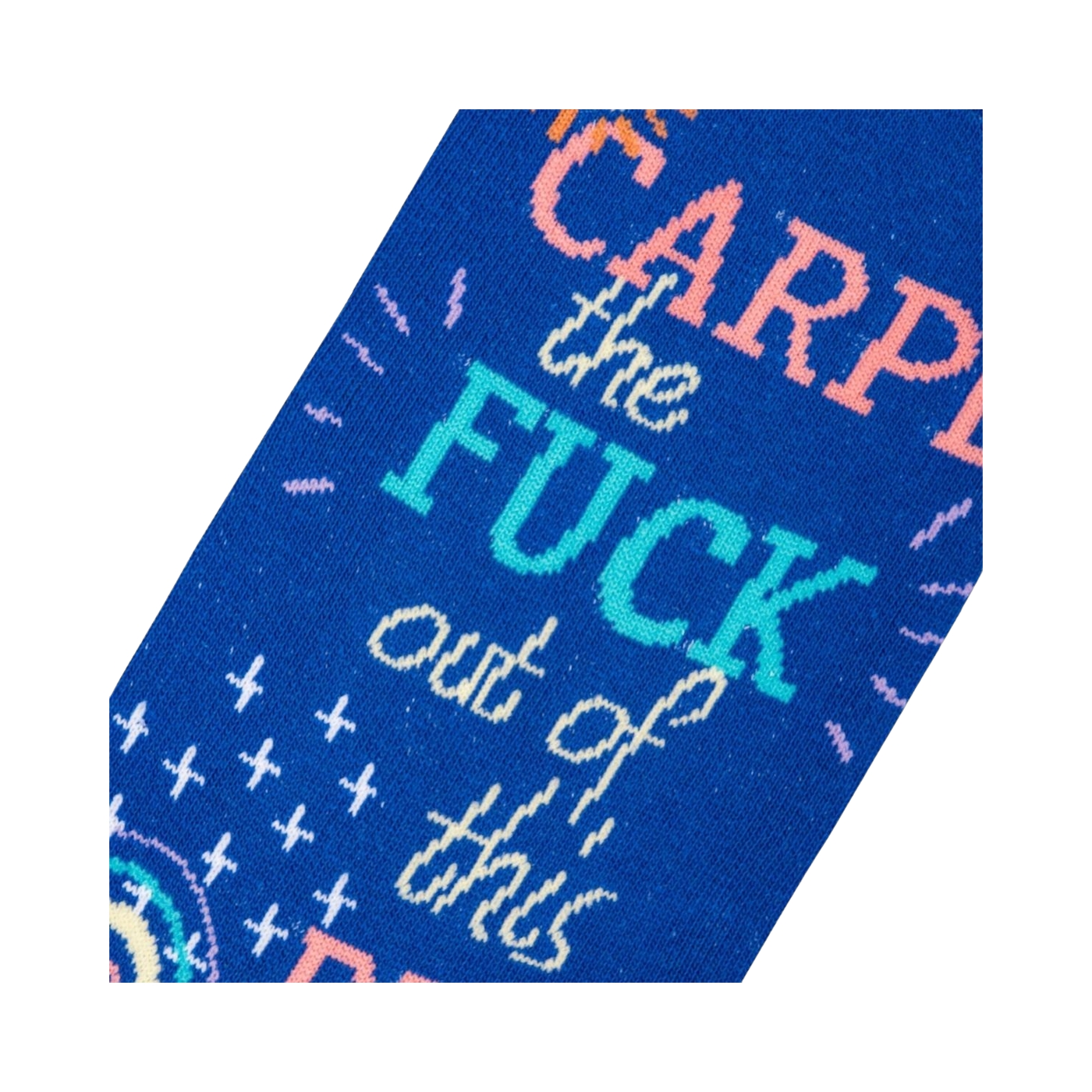 Close-up detail shot highlighting the colorful text and design elements on the socks.