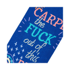 Close-up detail shot highlighting the colorful text and design elements on the socks.