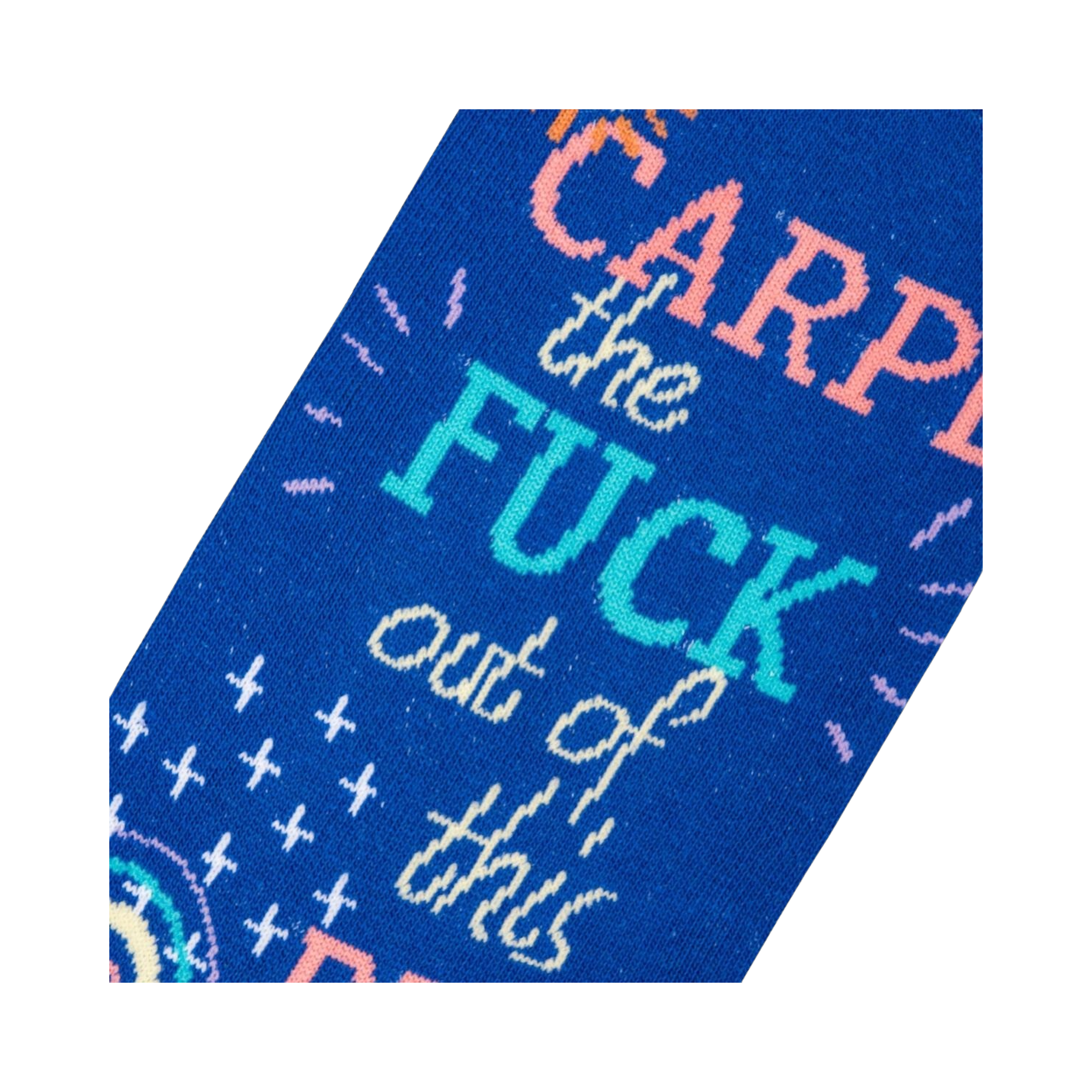 Close-up detail shot highlighting the colorful text and design elements on the socks.