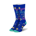 Pair of crew socks in blue featuring a 'Carpe the Fuck out of this Diem' slogan, rainbows, suns, and stars.