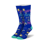 Pair of crew socks in blue featuring a 'Carpe the Fuck out of this Diem' slogan, rainbows, suns, and stars.